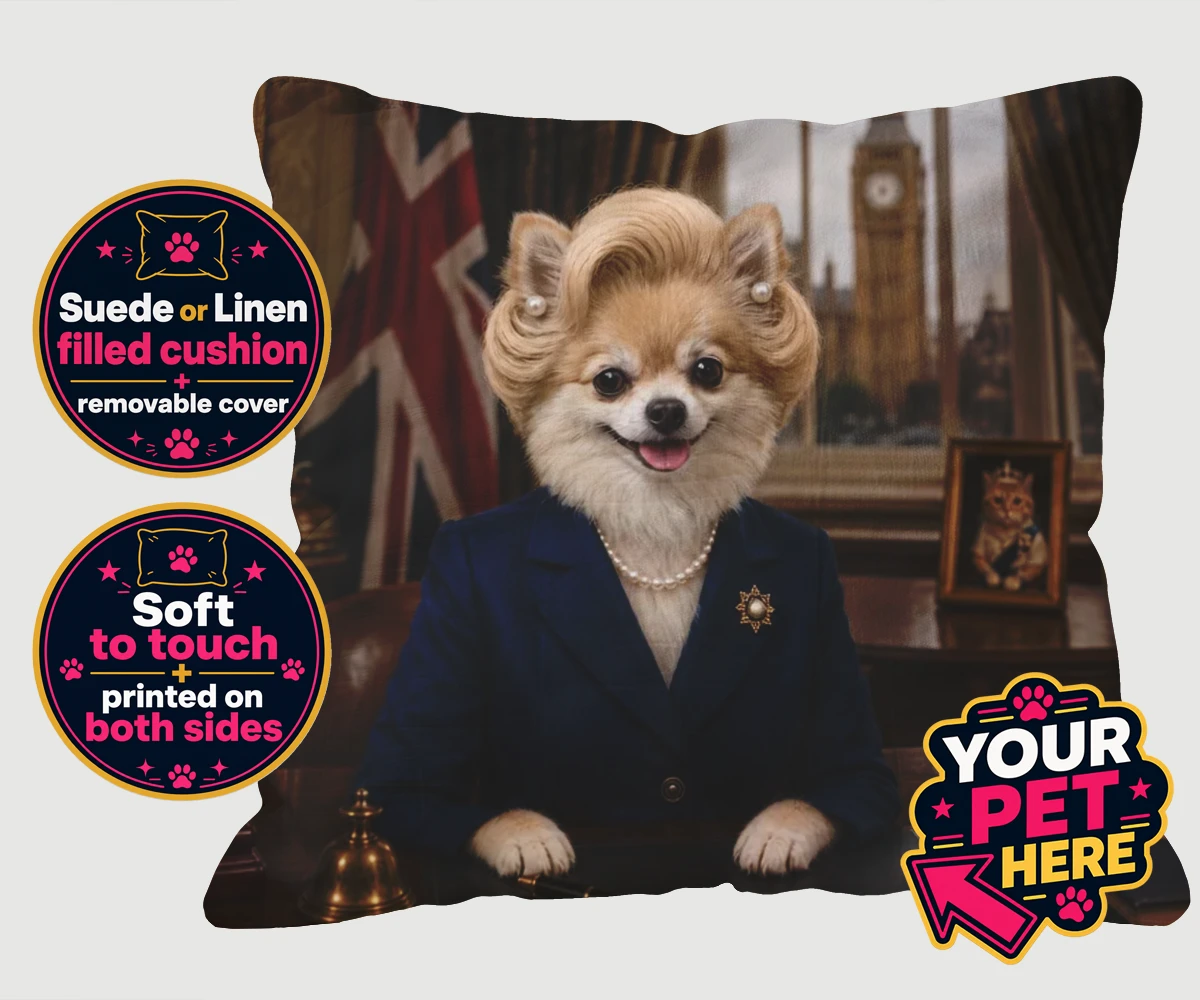 Personalised The Iron Lady dog cushions featuring embrace the charm and charisma of The Iron Lady, a delightful dog port