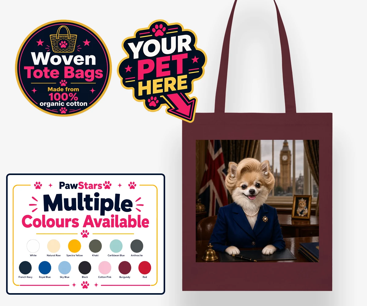 Personalised The Iron Lady dog woven tote bags featuring embrace the charm and charisma of The Iron Lady, a delightful dog port