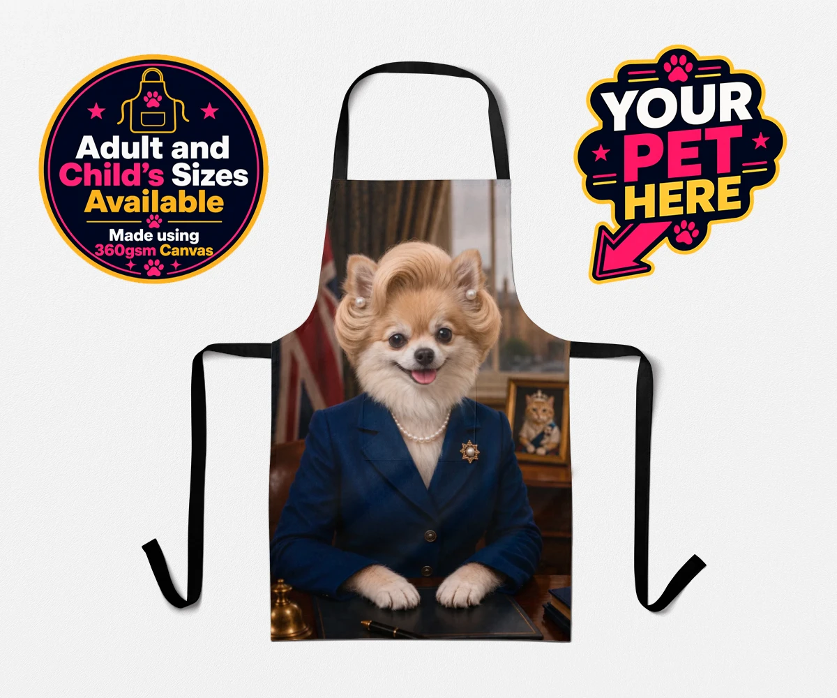 Personalised The Iron Lady dog aprons featuring embrace the charm and charisma of The Iron Lady, a delightful dog port