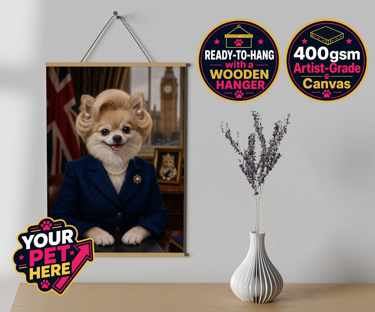 Personalised The Iron Lady dog canvas poster prints with hanger featuring embrace the charm and charisma of The Iron Lady, a delightful dog port