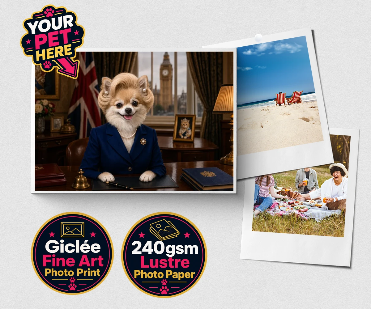 Personalised The Iron Lady dog premium photo print featuring embrace the charm and charisma of The Iron Lady, a delightful dog port