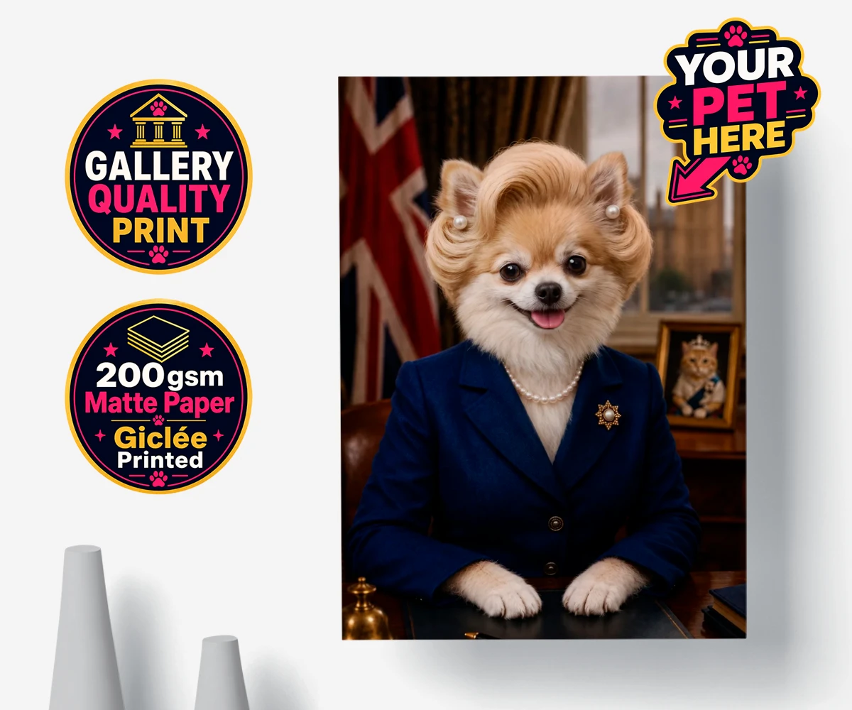 Personalised poster print of The Iron Lady dog in a blue blazer and pearl necklace against British landmarks