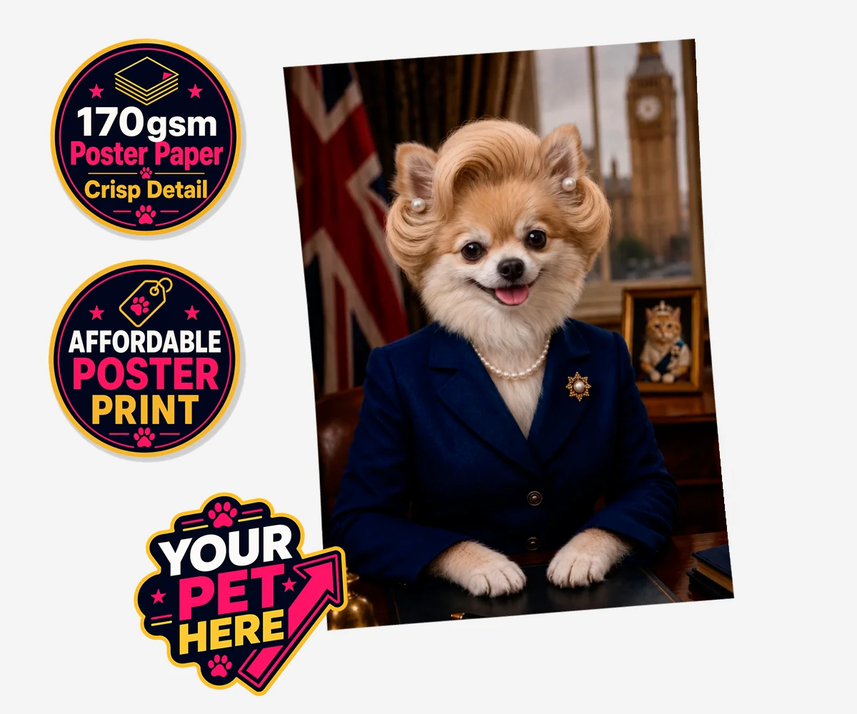 Personalised The Iron Lady dog standard poster print featuring embrace the charm and charisma of The Iron Lady, a delightful dog port