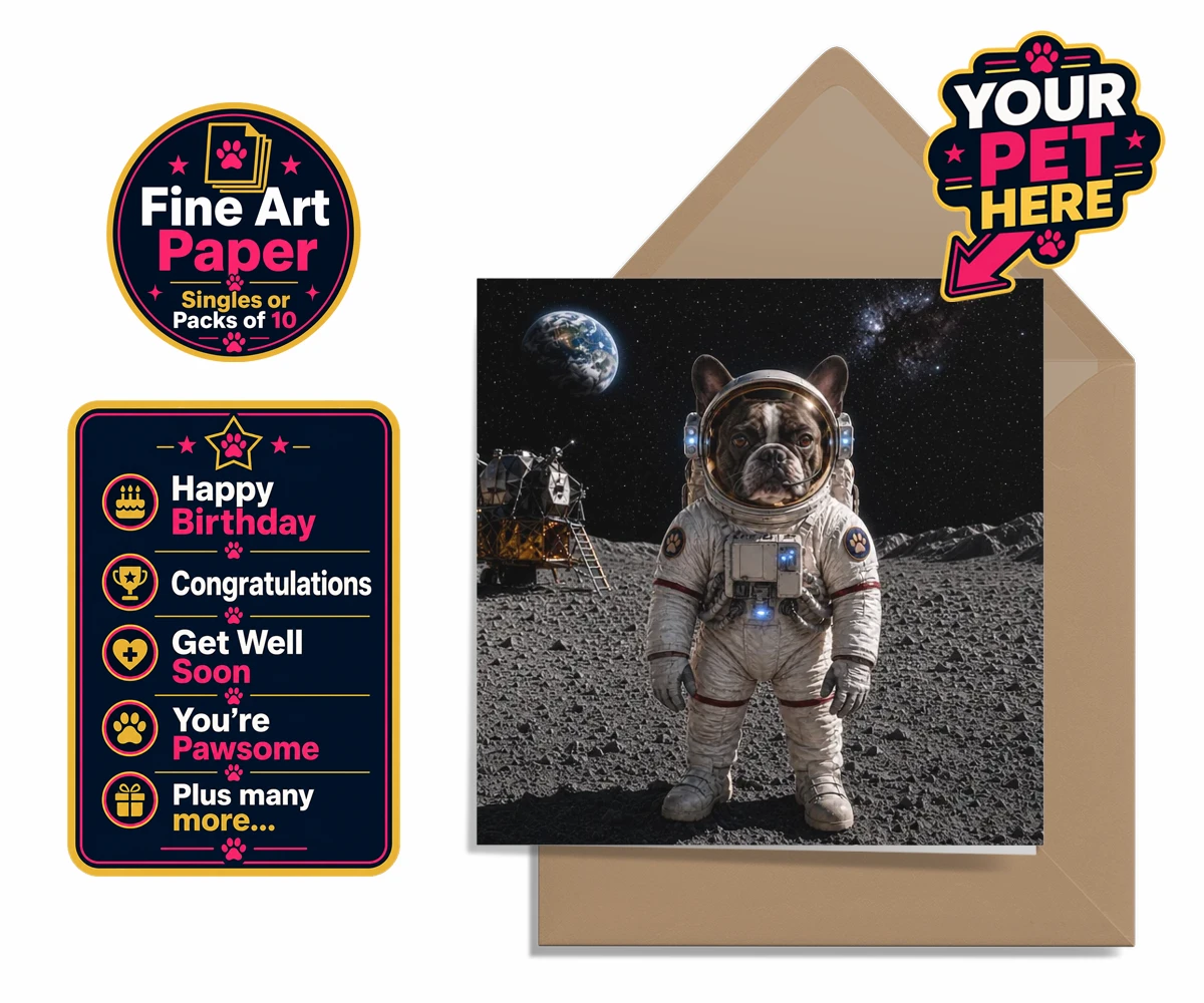 Personalised Houston, We Have a Pawblem dog premium greetings cards featuring we Have a Pawblem," the delightfully imaginative portrait featuring yo