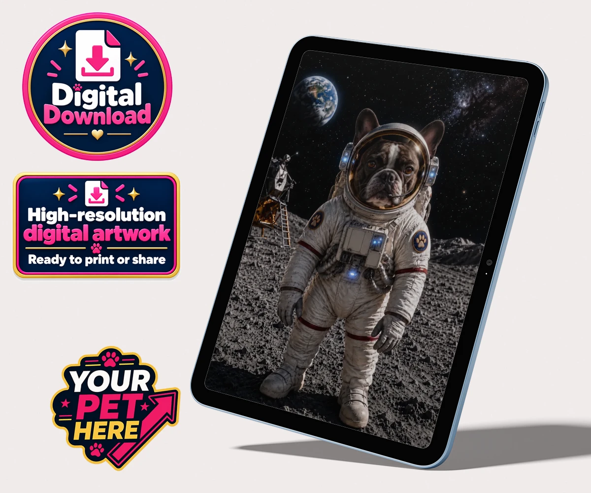Personalised Houston, We Have a Pawblem dog portrait featuring a dog in a space suit and helmet against a lunar background.