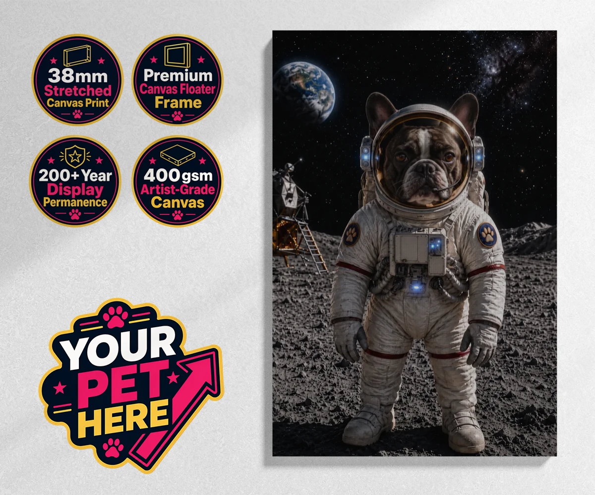Personalised Houston, We Have a Pawblem dog stretched canvas print featuring we Have a Pawblem," the delightfully imaginative portrait featuring yo