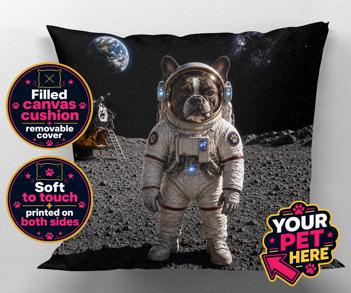 Personalised Houston, We Have a Pawblem dog canvas cushions featuring we Have a Pawblem," the delightfully imaginative portrait featuring yo