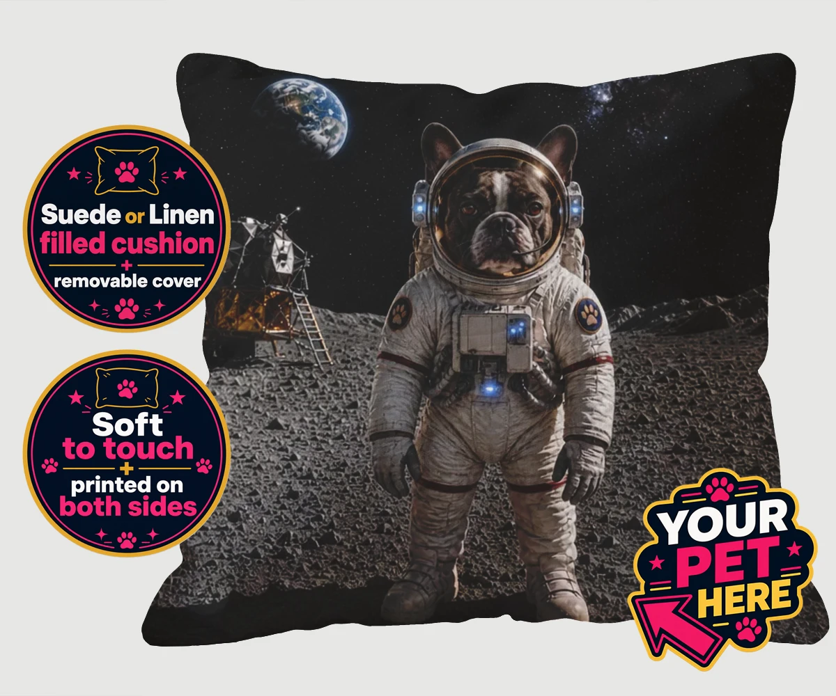 Personalised Houston, We Have a Pawblem dog cushions featuring we Have a Pawblem," the delightfully imaginative portrait featuring yo