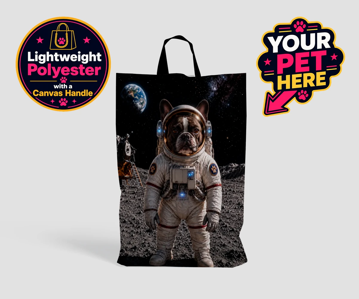 Personalised Houston, We Have a Pawblem dog shopping bags featuring we Have a Pawblem," the delightfully imaginative portrait featuring yo