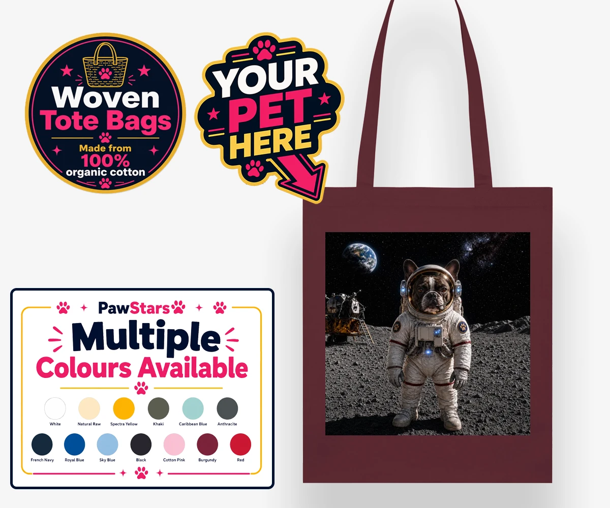 Personalised Houston, We Have a Pawblem dog woven tote bags featuring we Have a Pawblem," the delightfully imaginative portrait featuring yo