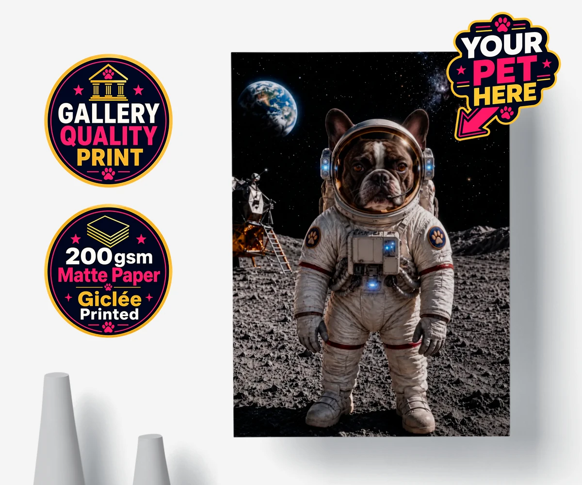 Personalised poster print of Houston, We Have a Pawblem dog in a space suit with helmet on a lunar backdrop