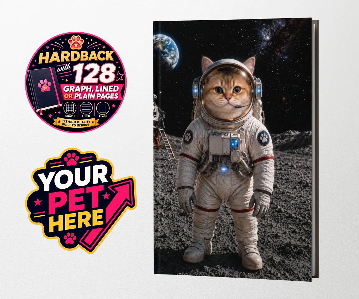 Personalised Houston, We Have a Pawblem cat hardback notebooks featuring meet Houston, We Have a Pawblem, your charming feline astronaut ready