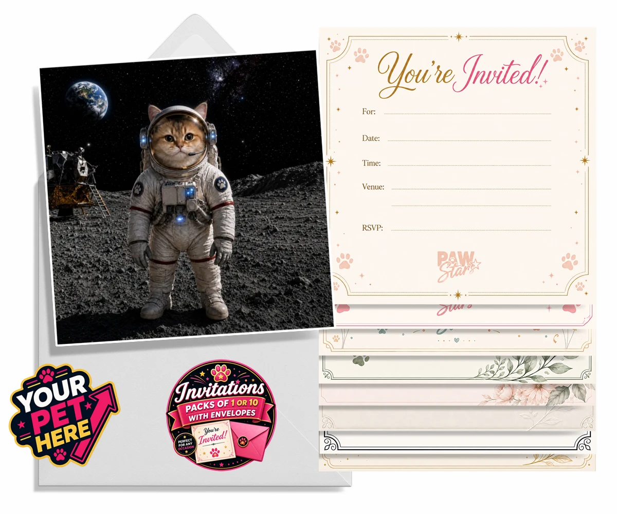 Personalised Houston, We Have a Pawblem cat invitations featuring meet Houston, We Have a Pawblem, your charming feline astronaut ready
