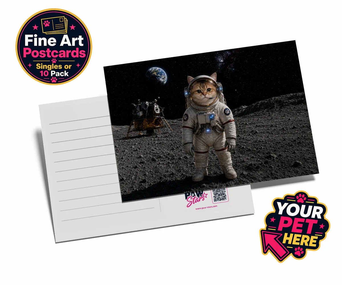 Personalised Houston, We Have a Pawblem cat postcards featuring meet Houston, We Have a Pawblem, your charming feline astronaut ready