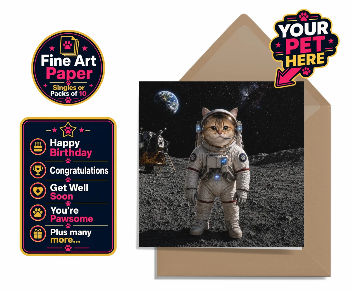 Personalised Houston, We Have a Pawblem cat premium greetings cards featuring meet Houston, We Have a Pawblem, your charming feline astronaut ready