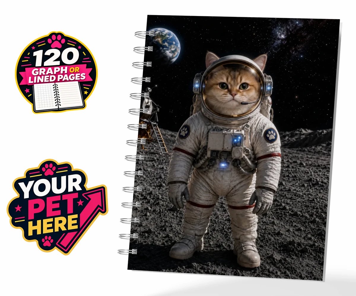 Personalised Houston, We Have a Pawblem cat spiral notebook featuring meet Houston, We Have a Pawblem, your charming feline astronaut ready