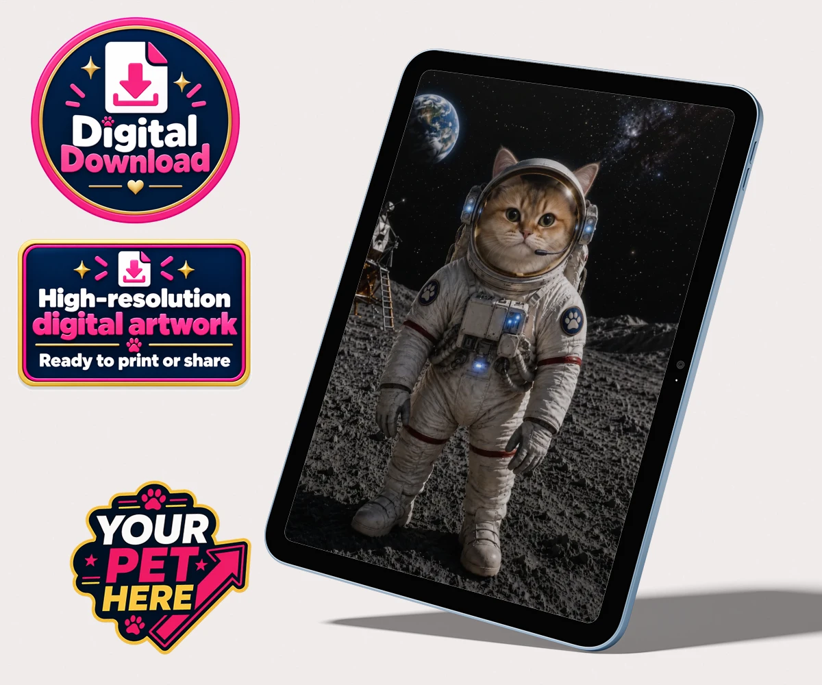Personalised digital portrait of Houston, We Have a Pawblem, a cat in a space suit with a helmet, set against the moon and Earth.
