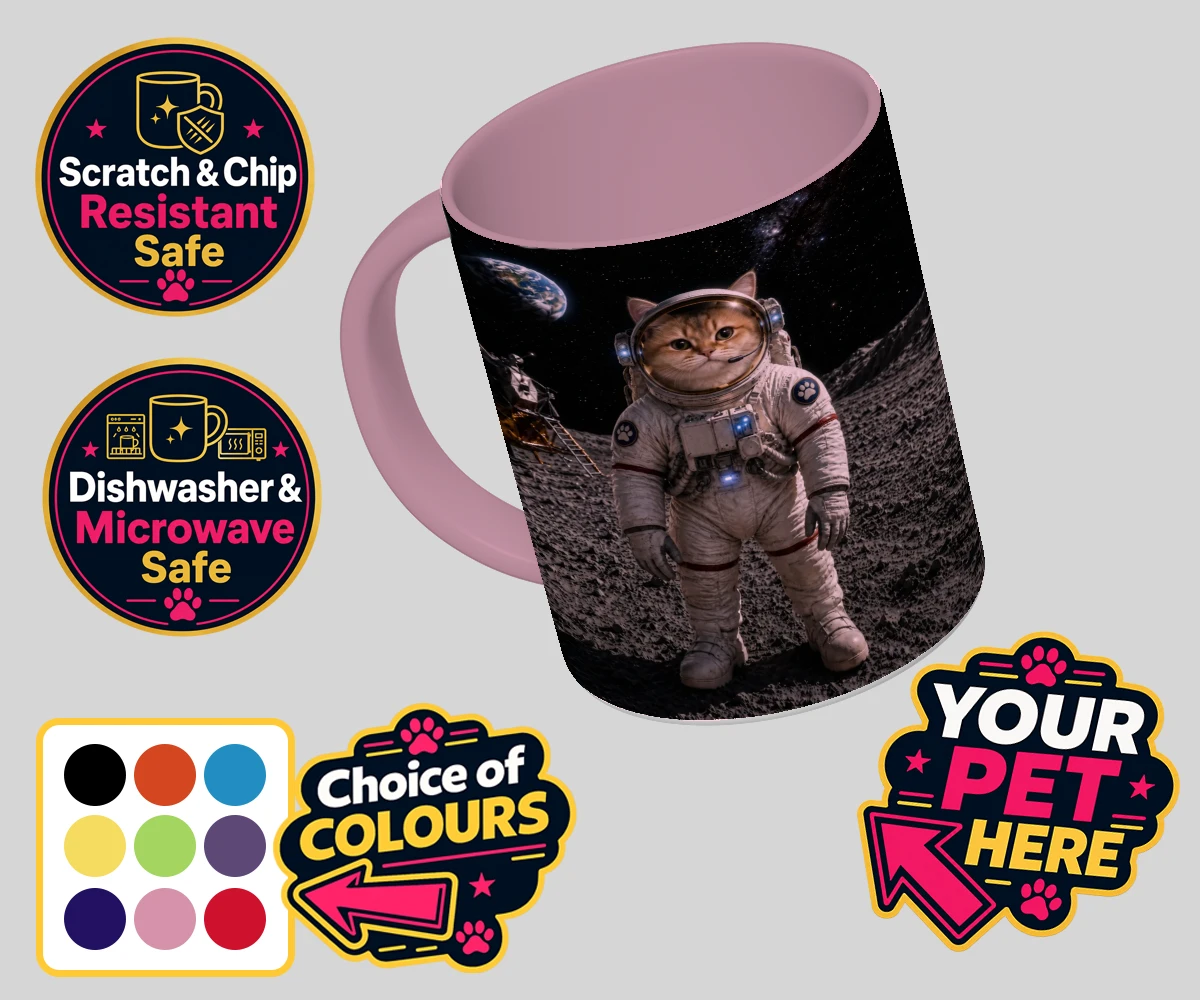 Personalised Houston, We Have a Pawblem cat coloured photo mugs featuring meet Houston, We Have a Pawblem, your charming feline astronaut ready