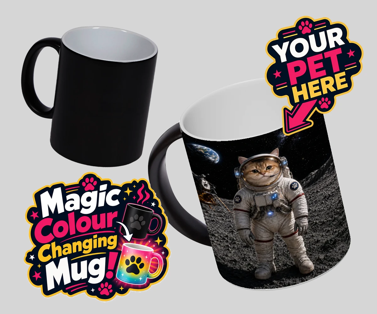 Personalised Houston, We Have a Pawblem cat magic photo mugs featuring meet Houston, We Have a Pawblem, your charming feline astronaut ready