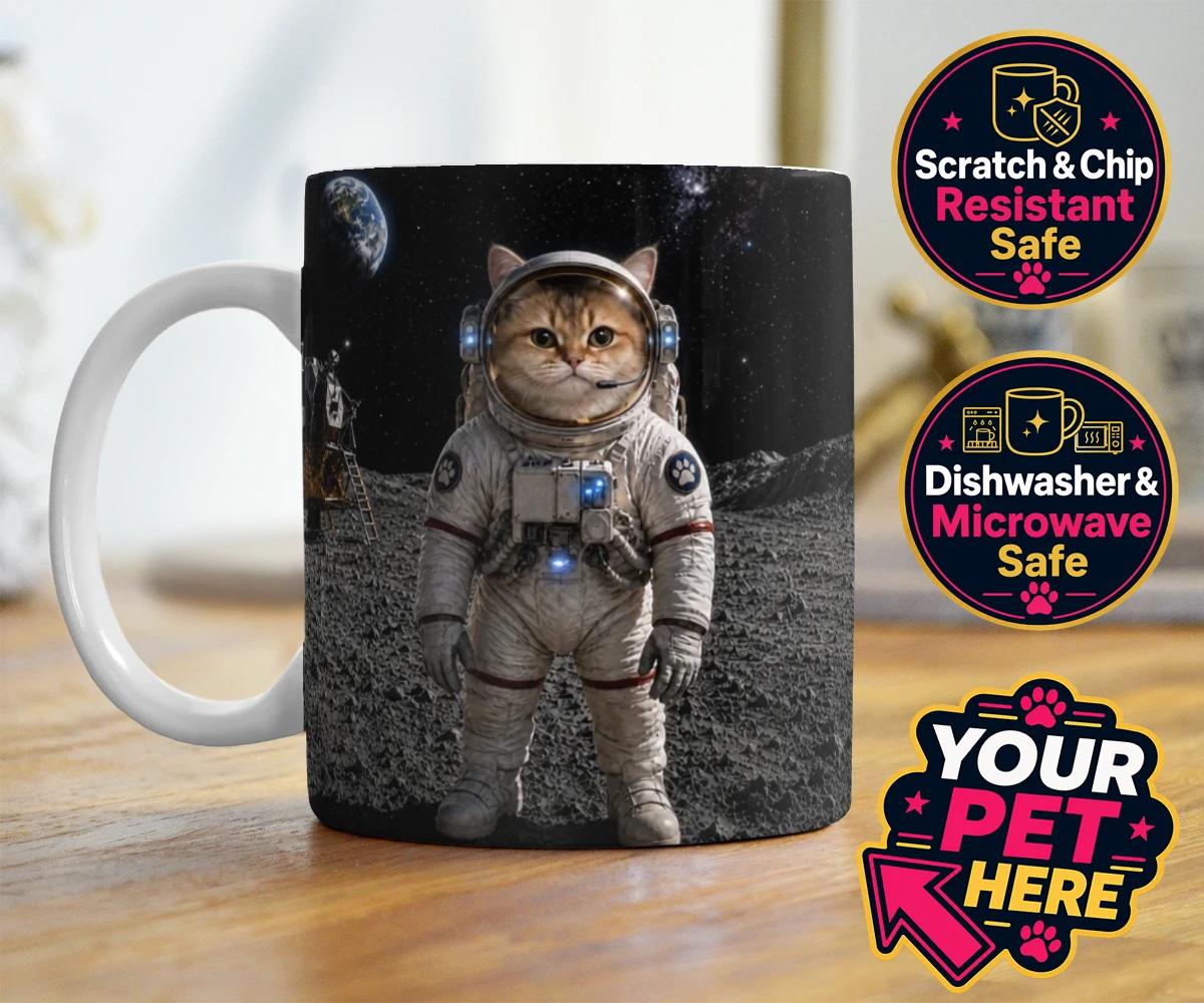Personalised Houston, We Have a Pawblem cat photo mugs featuring meet Houston, We Have a Pawblem, your charming feline astronaut ready