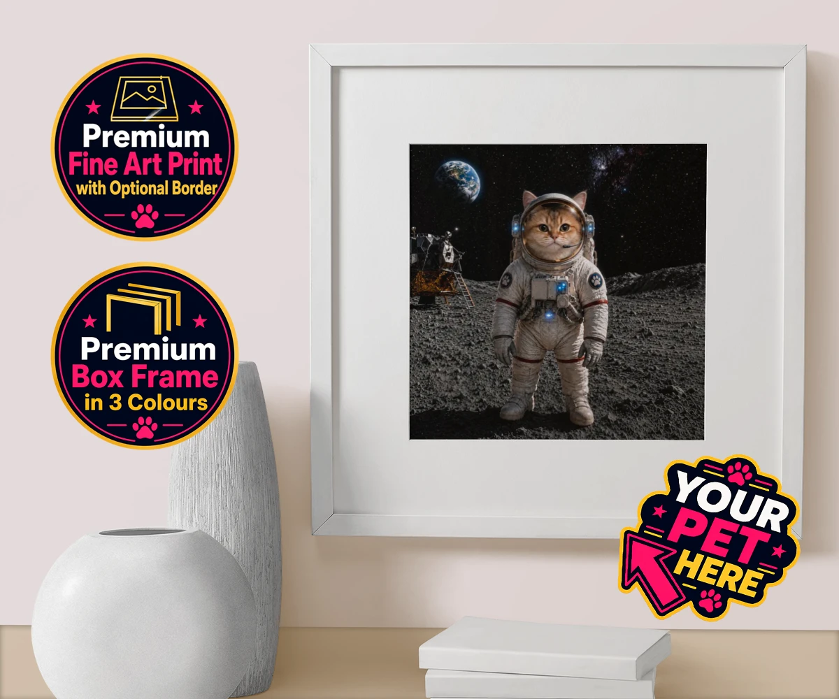 Personalised Houston, We Have a Pawblem cat box framed print featuring meet Houston, We Have a Pawblem, your charming feline astronaut ready