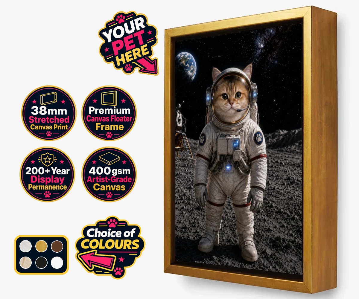 Personalised Houston, We Have a Pawblem cat framed canvas print featuring meet Houston, We Have a Pawblem, your charming feline astronaut ready