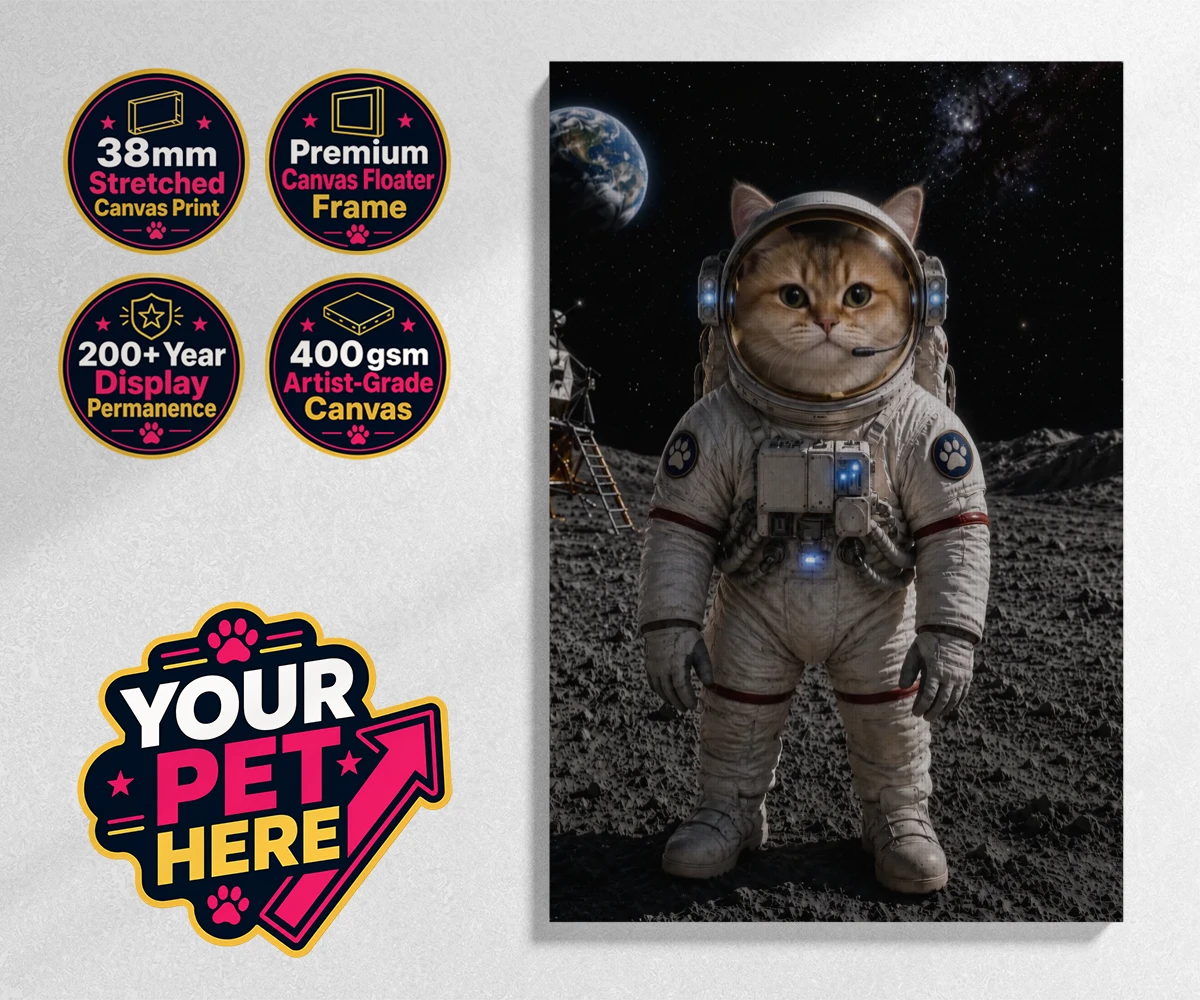 Personalised Houston, We Have a Pawblem cat stretched canvas print featuring meet Houston, We Have a Pawblem, your charming feline astronaut ready