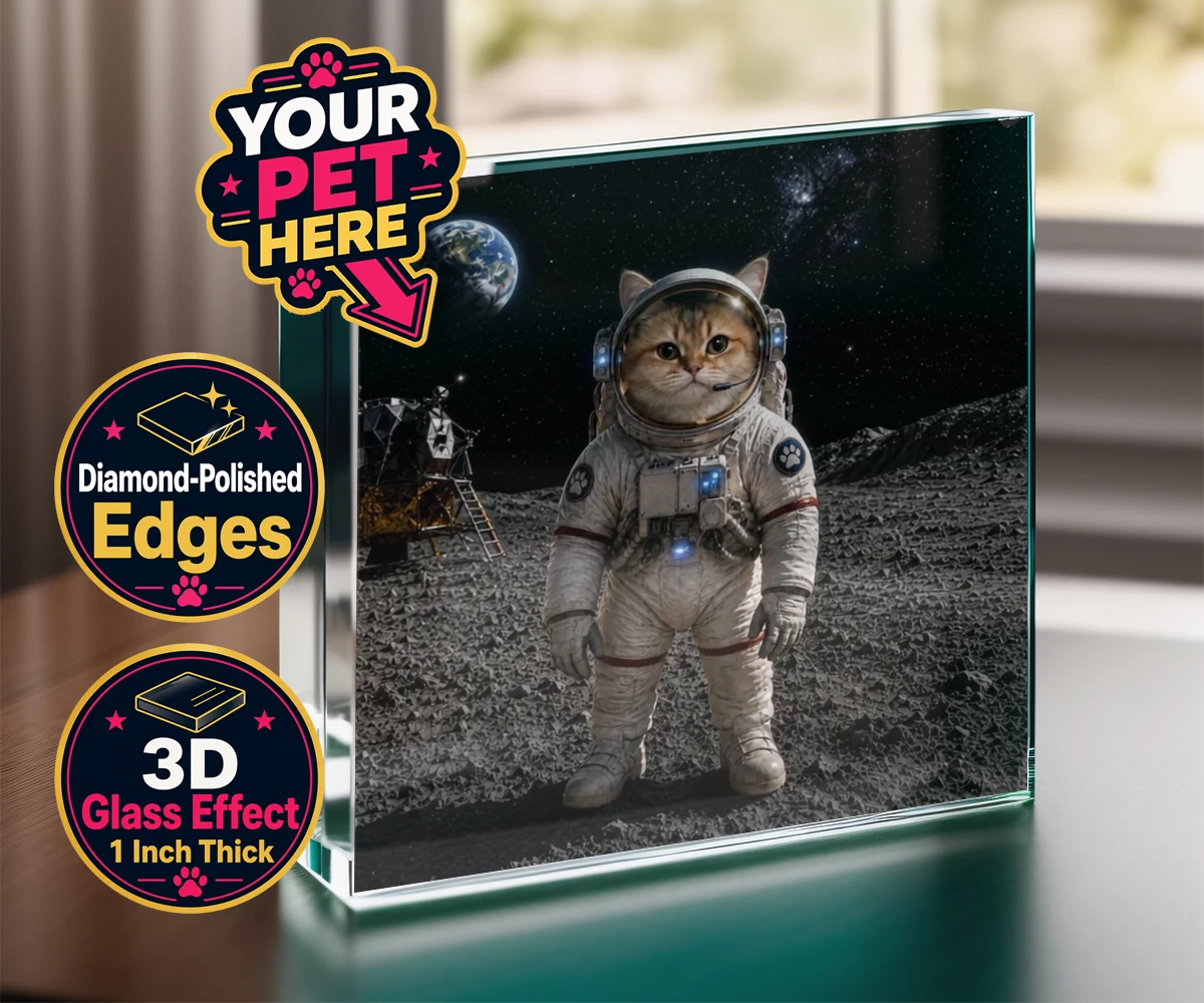 Personalised Houston, We Have a Pawblem cat acrylic prisms featuring meet Houston, We Have a Pawblem, your charming feline astronaut ready