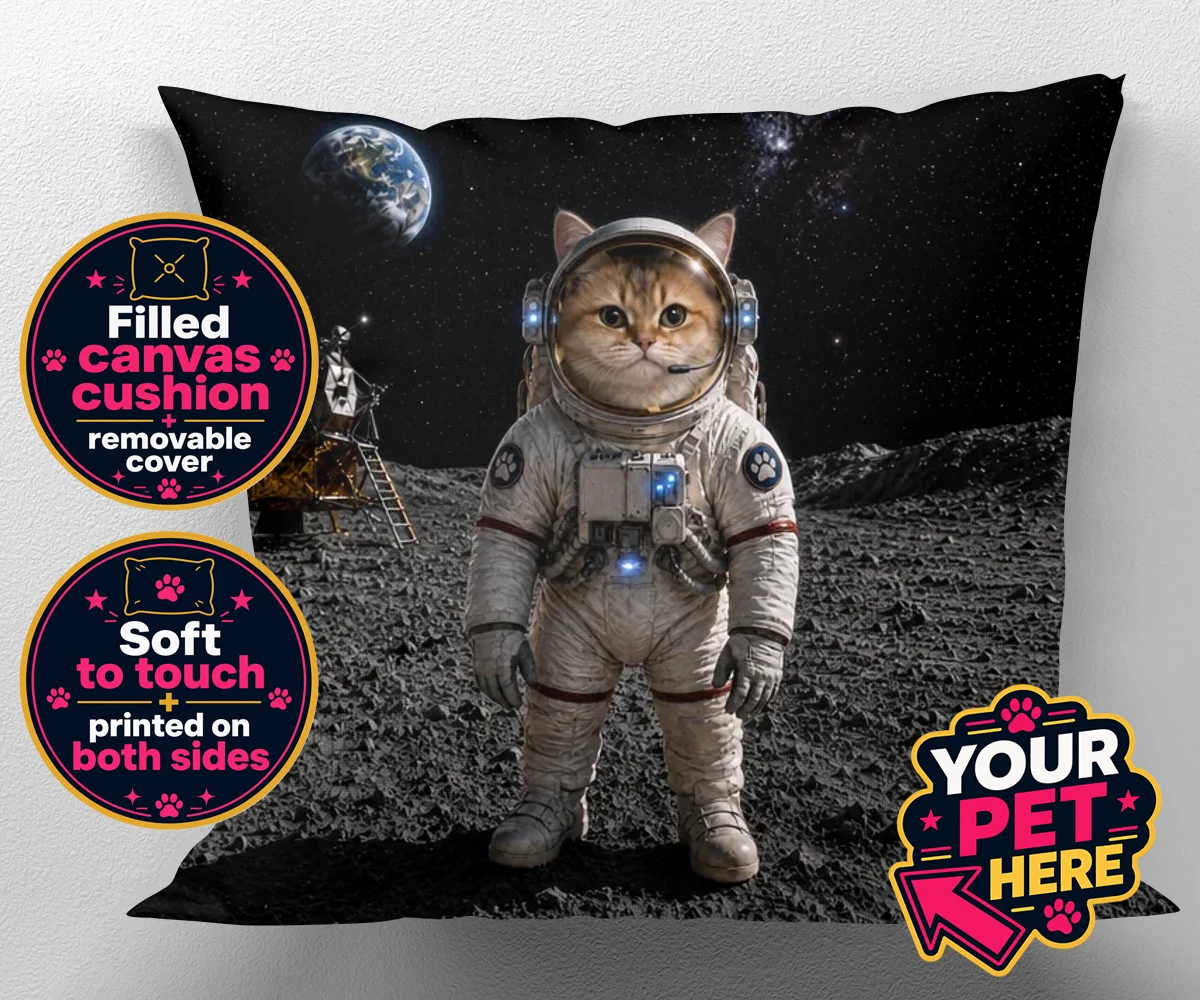 Personalised Houston, We Have a Pawblem cat canvas cushions featuring meet Houston, We Have a Pawblem, your charming feline astronaut ready