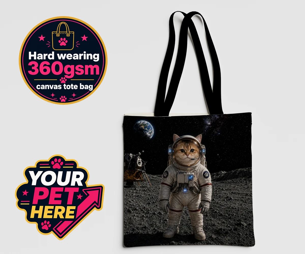 Personalised Houston, We Have a Pawblem cat canvas tote bags featuring meet Houston, We Have a Pawblem, your charming feline astronaut ready