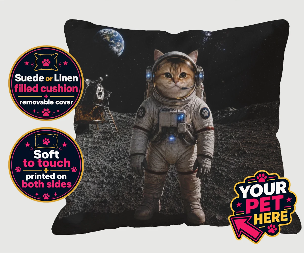 Personalised Houston, We Have a Pawblem cat cushions featuring meet Houston, We Have a Pawblem, your charming feline astronaut ready