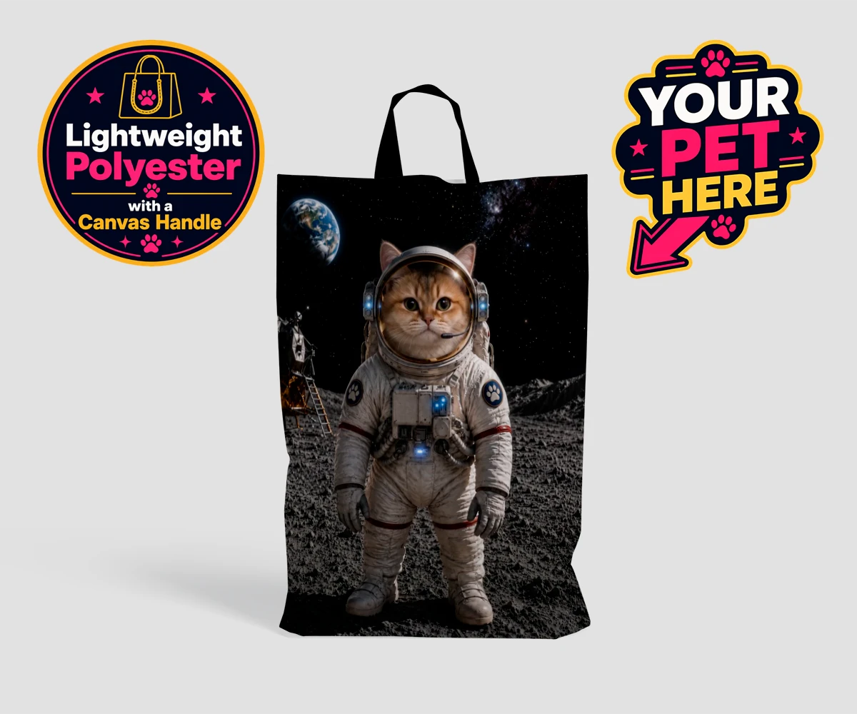 Personalised Houston, We Have a Pawblem cat shopping bags featuring meet Houston, We Have a Pawblem, your charming feline astronaut ready