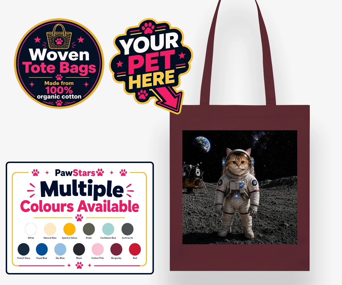 Personalised Houston, We Have a Pawblem cat woven tote bags featuring meet Houston, We Have a Pawblem, your charming feline astronaut ready