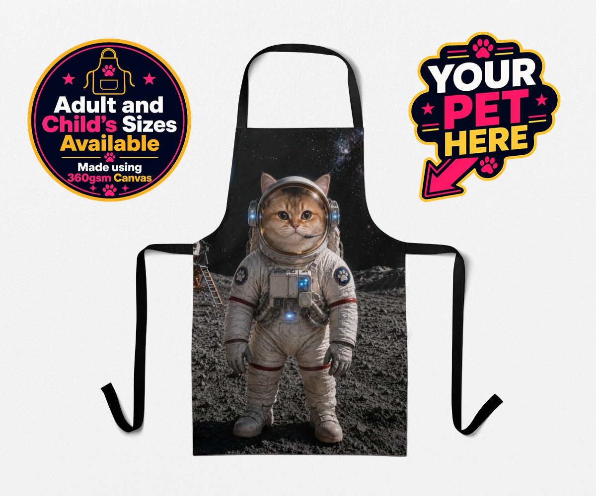 Personalised Houston, We Have a Pawblem cat aprons featuring meet Houston, We Have a Pawblem, your charming feline astronaut ready