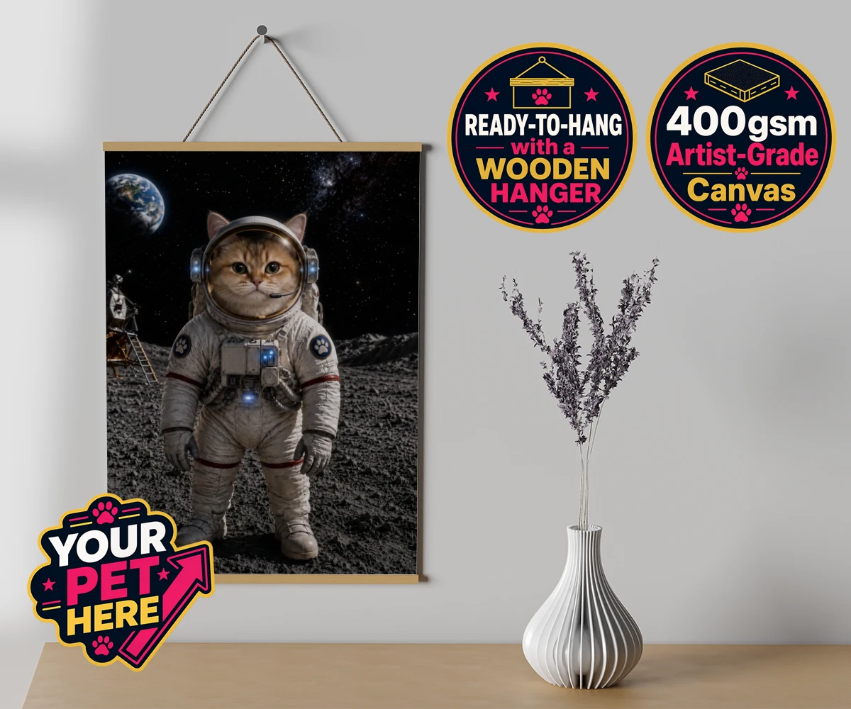 Personalised Houston, We Have a Pawblem cat canvas poster prints with hanger featuring meet Houston, We Have a Pawblem, your charming feline astronaut ready