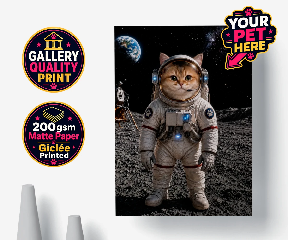 Personalised poster print of Houston, We Have a Pawblem, a cat in a space suit against a moon backdrop