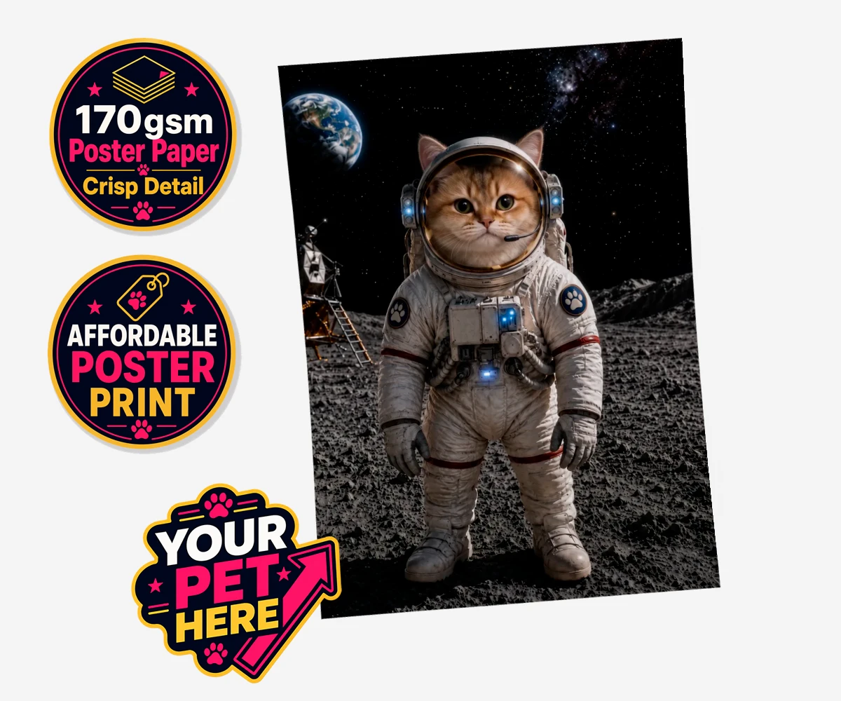 Personalised Houston, We Have a Pawblem cat standard poster print featuring meet Houston, We Have a Pawblem, your charming feline astronaut ready