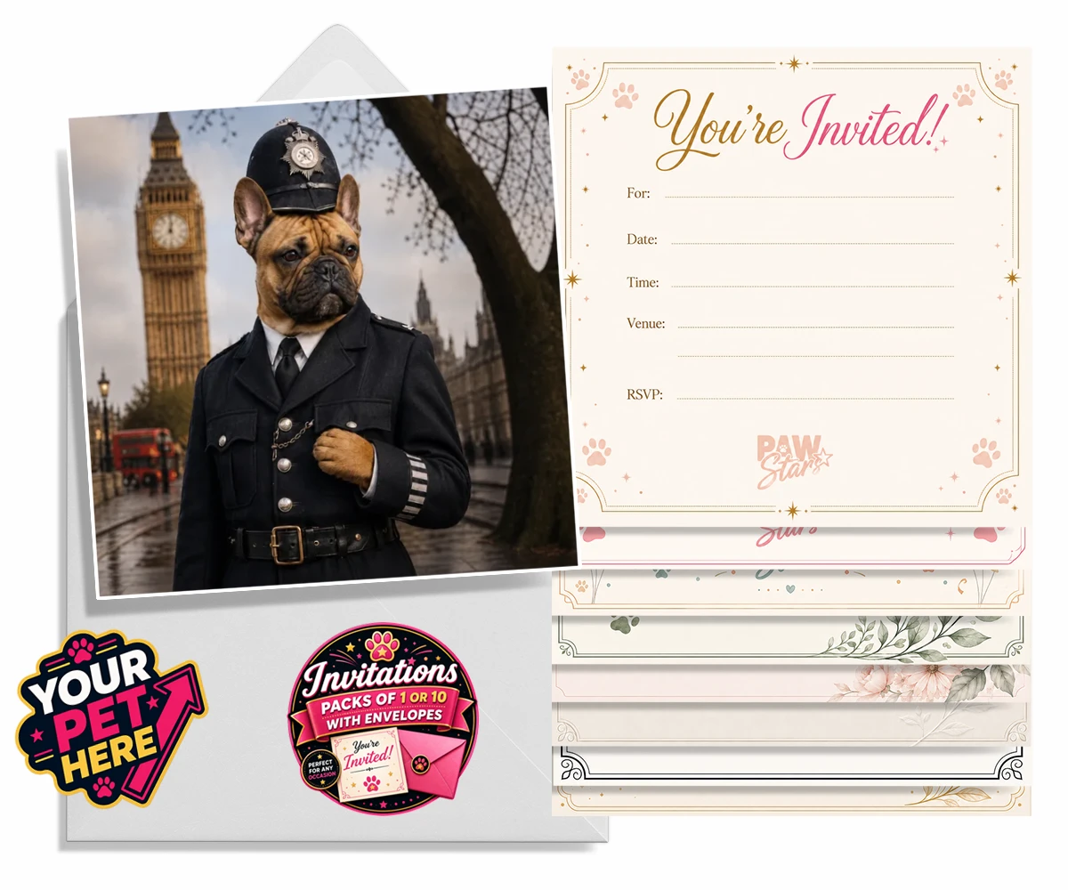 Personalised Paw Police dog invitations featuring the charming canine officer ready to patrol your heart!