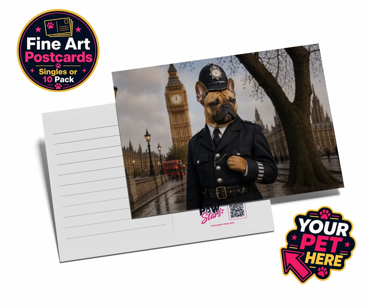 Personalised Paw Police dog postcards featuring the charming canine officer ready to patrol your heart!