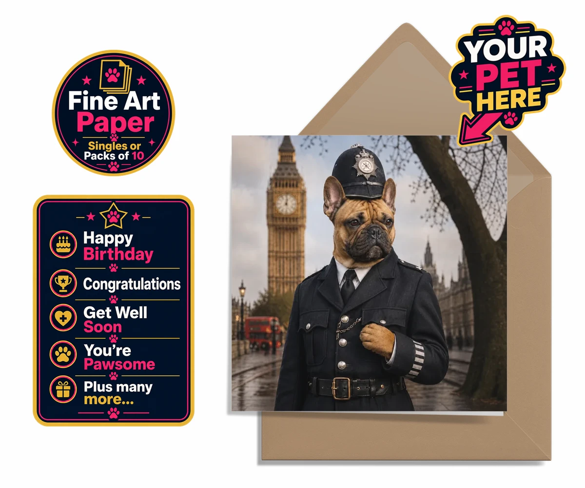 Personalised Paw Police dog premium greetings cards featuring the charming canine officer ready to patrol your heart!