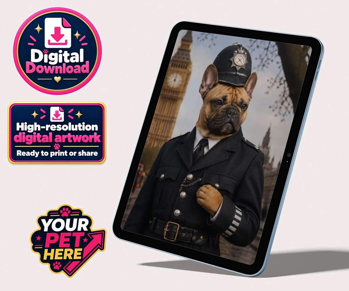 Personalised Paw Police dog portrait digital download featuring a dog in a vintage police uniform and a Big Ben backdrop.