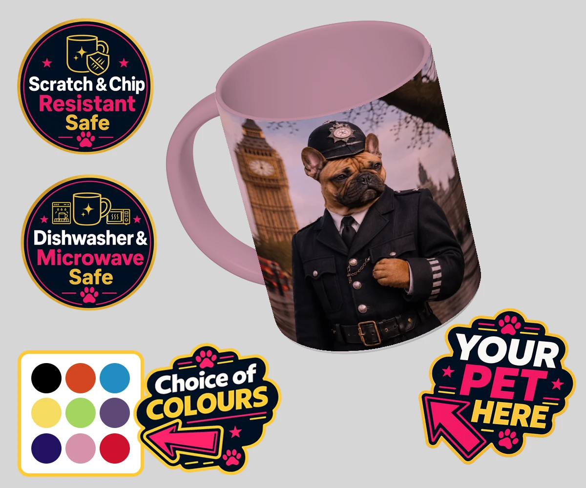 Personalised Paw Police dog coloured photo mugs featuring the charming canine officer ready to patrol your heart!