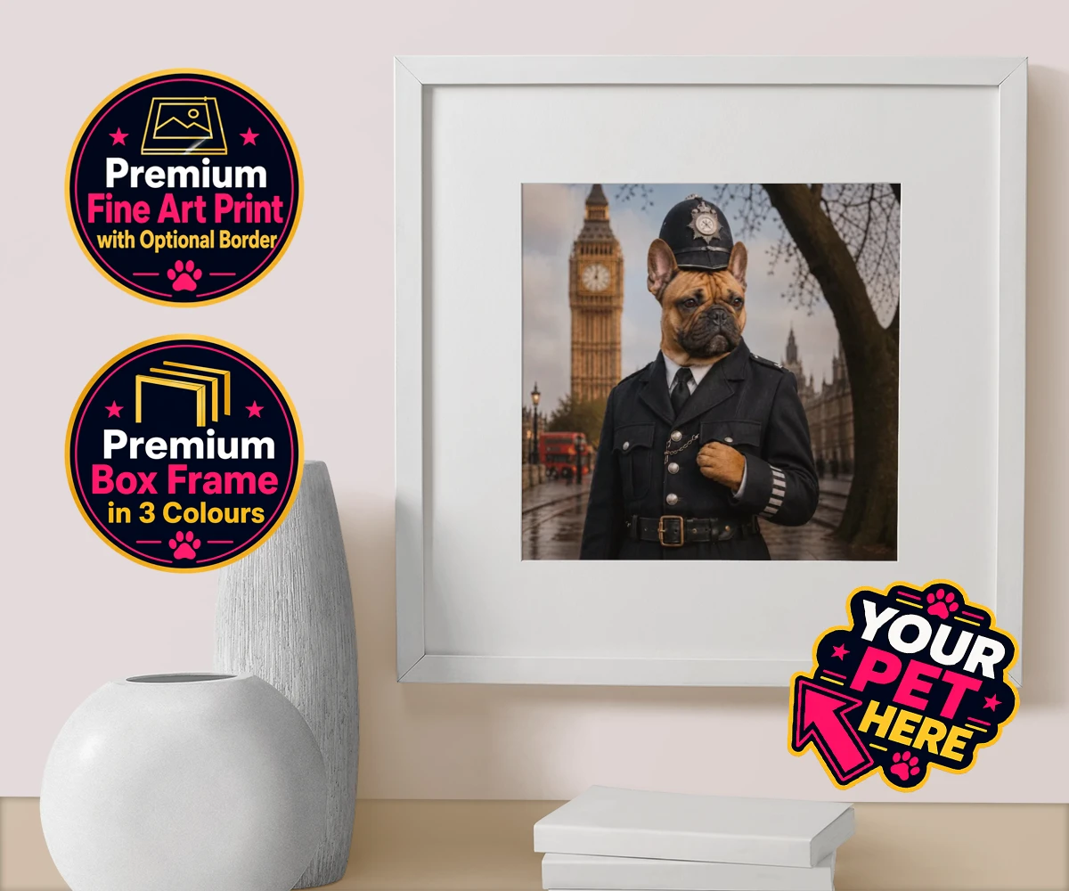 Personalised Paw Police dog box framed print featuring the charming canine officer ready to patrol your heart!