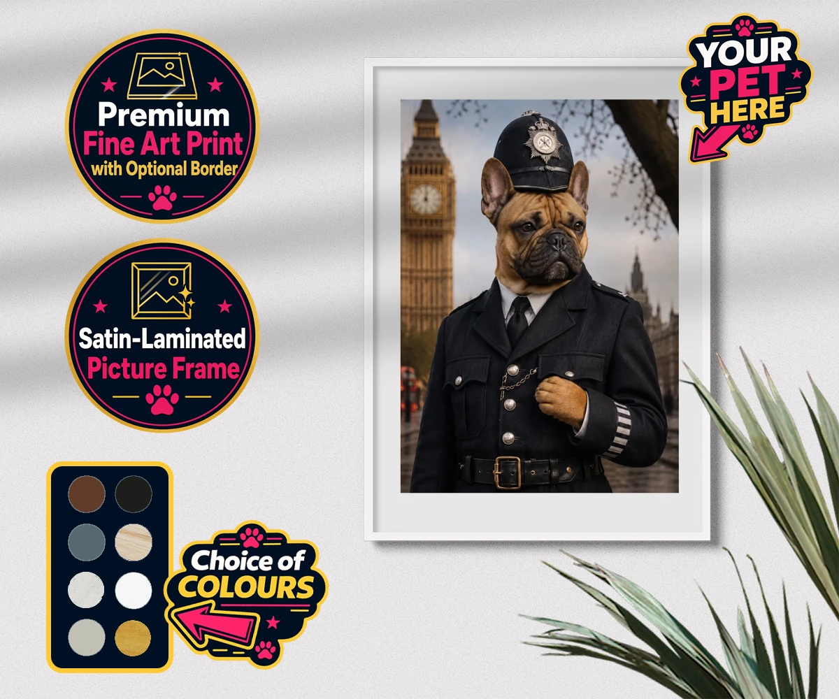 Personalised Paw Police dog premium framed print featuring the charming canine officer ready to patrol your heart!