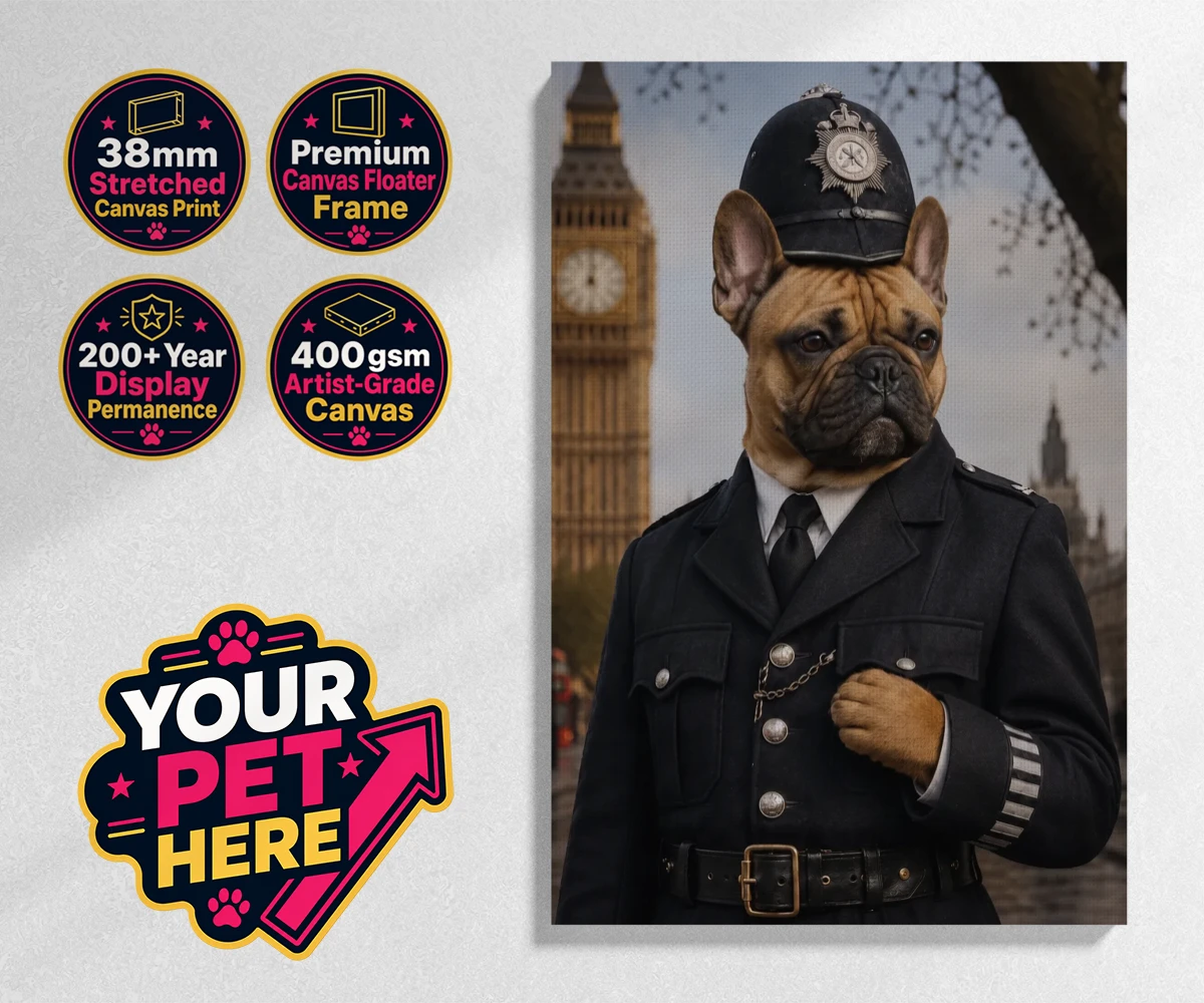 Personalised Paw Police dog stretched canvas print featuring the charming canine officer ready to patrol your heart!