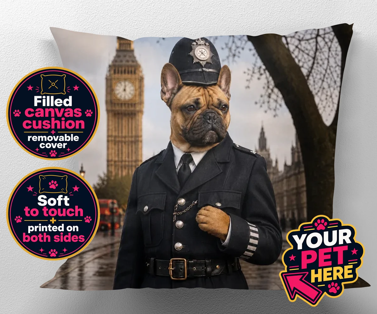 Personalised Paw Police dog canvas cushions featuring the charming canine officer ready to patrol your heart!