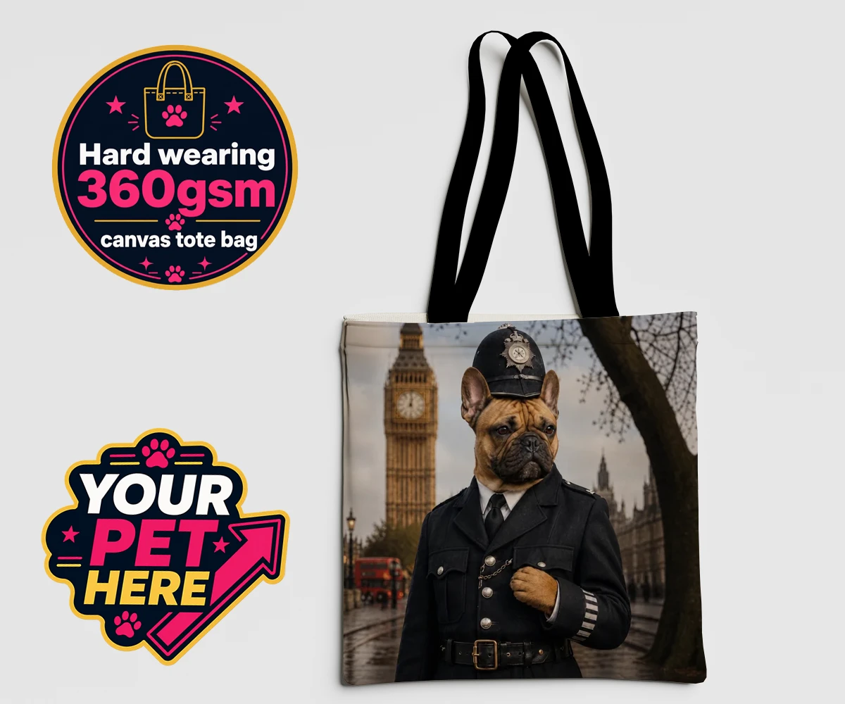 Personalised Paw Police dog canvas tote bags featuring the charming canine officer ready to patrol your heart!