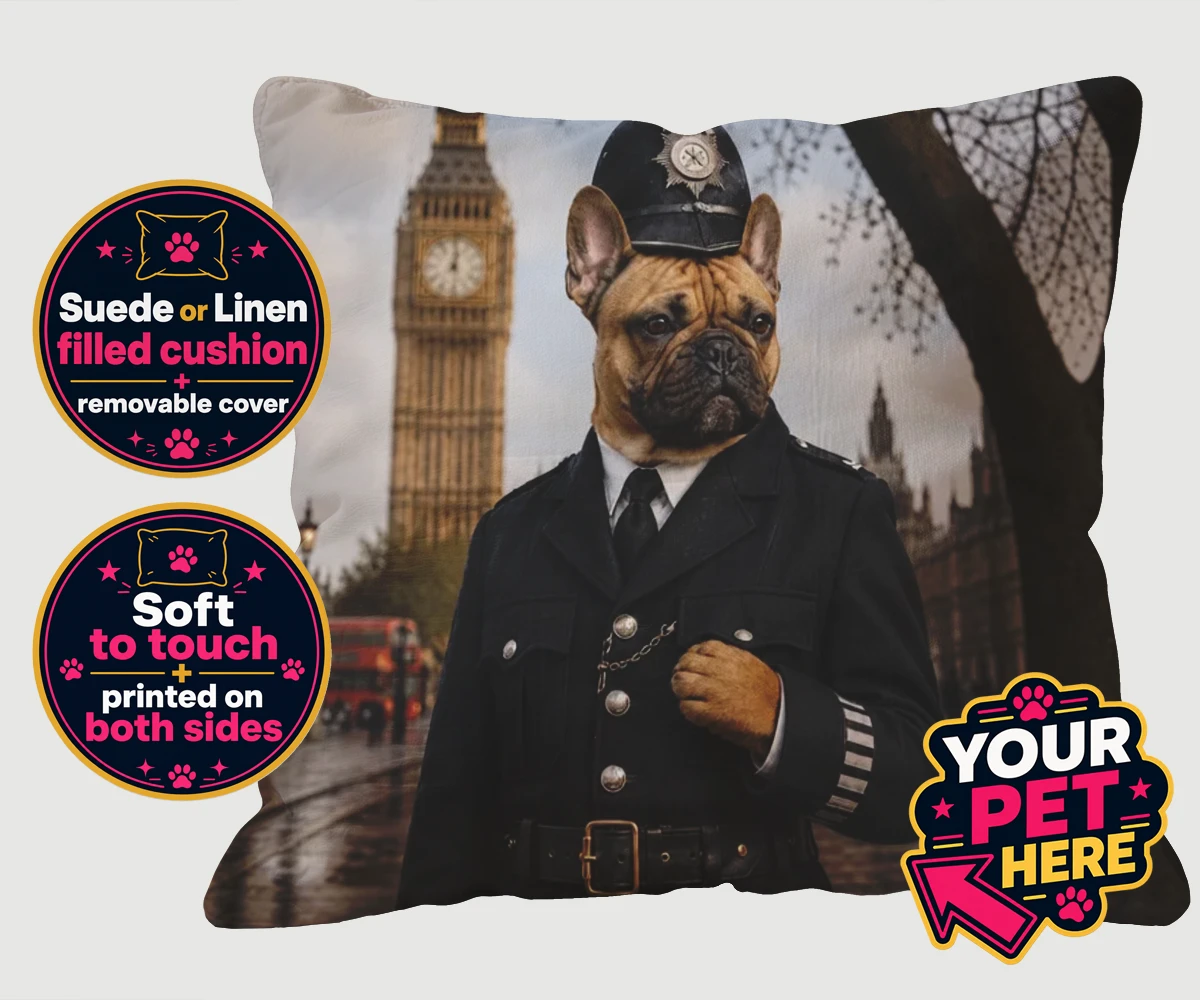 Personalised Paw Police dog cushions featuring the charming canine officer ready to patrol your heart!