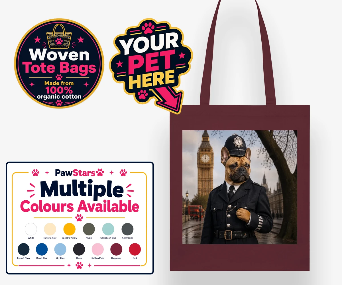 Personalised Paw Police dog woven tote bags featuring the charming canine officer ready to patrol your heart!