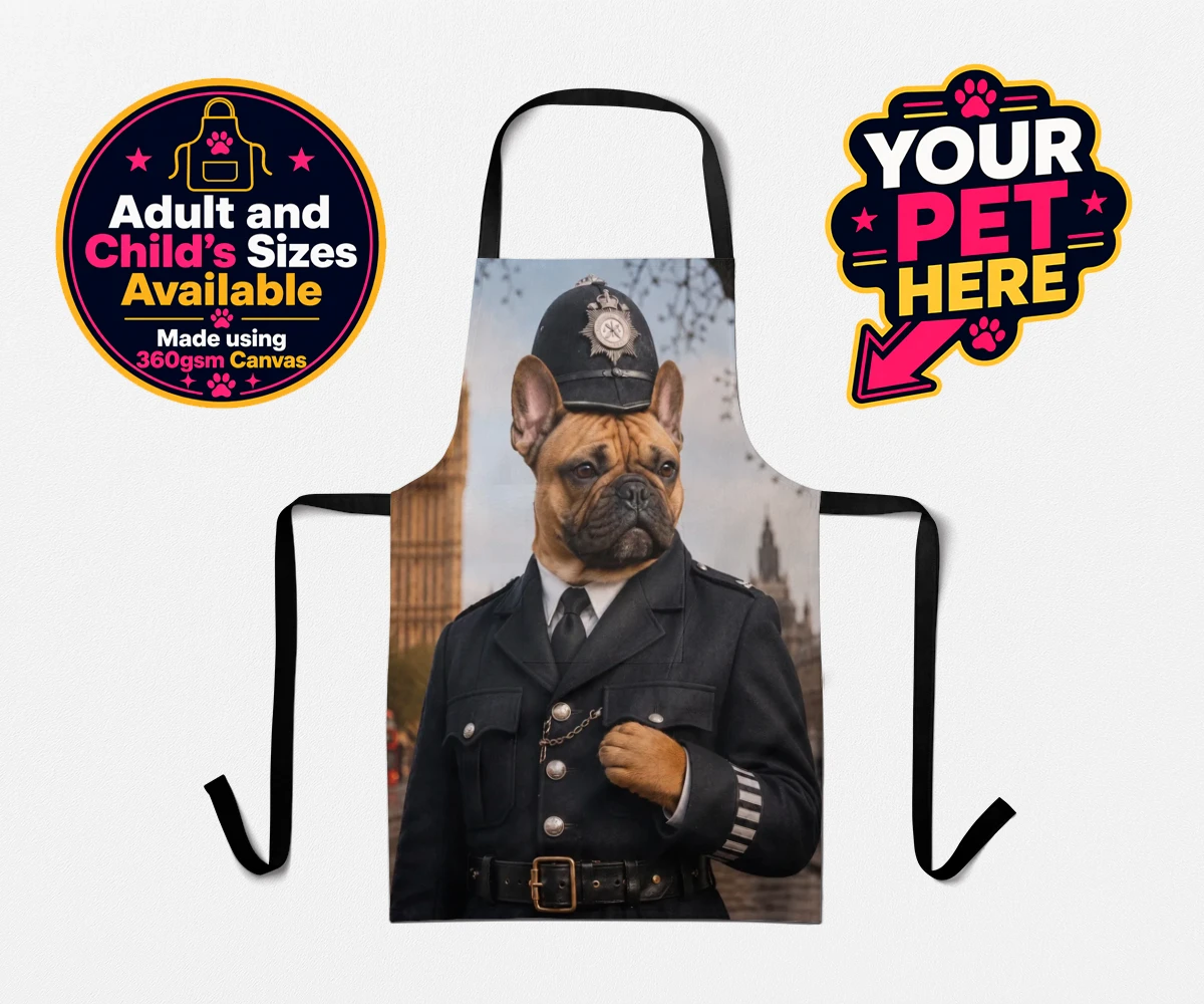 Personalised Paw Police dog aprons featuring the charming canine officer ready to patrol your heart!
